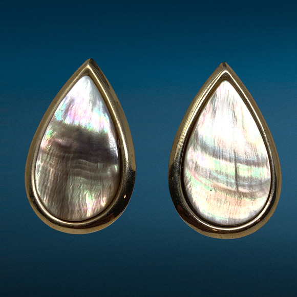Vintage 1980s Gold Tone Abalone Teardrop Pierced Earrings Modernist Oversized - Picture 1 of 5